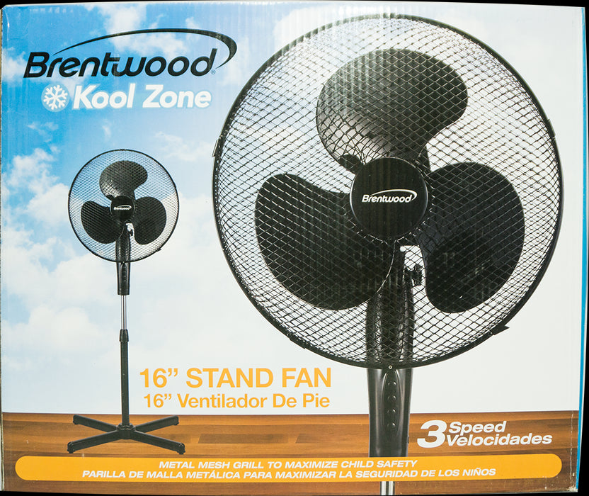 Brentwood Kool Zone Black Stand Fan, 16 inch, 3 speeds, 