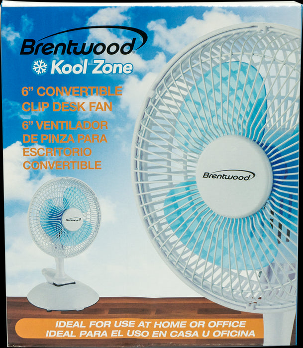 Brentwood Kool Zone White Clip Desk Fan, 6 inch, Model # F-621W