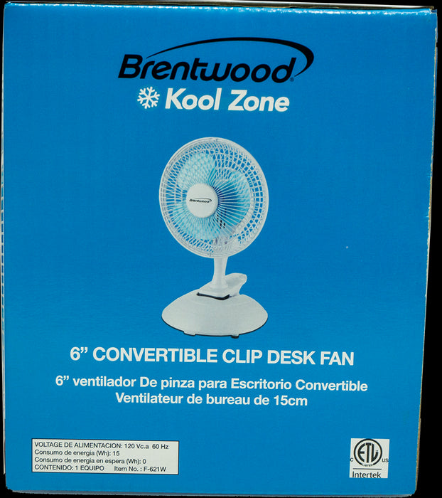 Brentwood Kool Zone White Clip Desk Fan, 6 inch, Model # F-621W