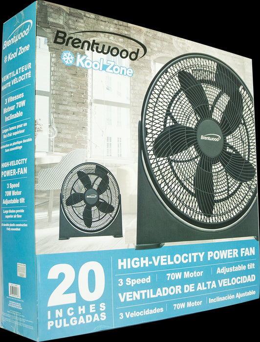 Brentwood Kool Zone High-Velocity Power Fan, 20 inches, 3 speeds, 