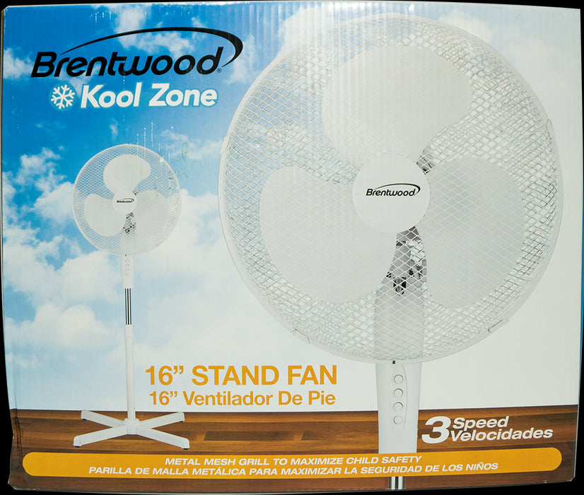 Brentwood Kool Zone White Stand Fan, 16 inch, 3 speeds, 