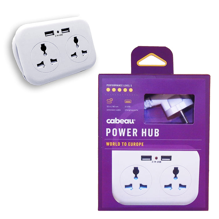 Cabeau Power Hub, EU 2 Worldwide AC Power Outlets, 2 USB Ports White , 1 pc