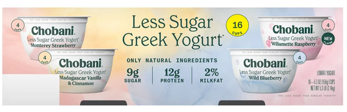 Chobani Less Sugar Greek Yogurt, Variety Pack , 16 x 5.3 oz