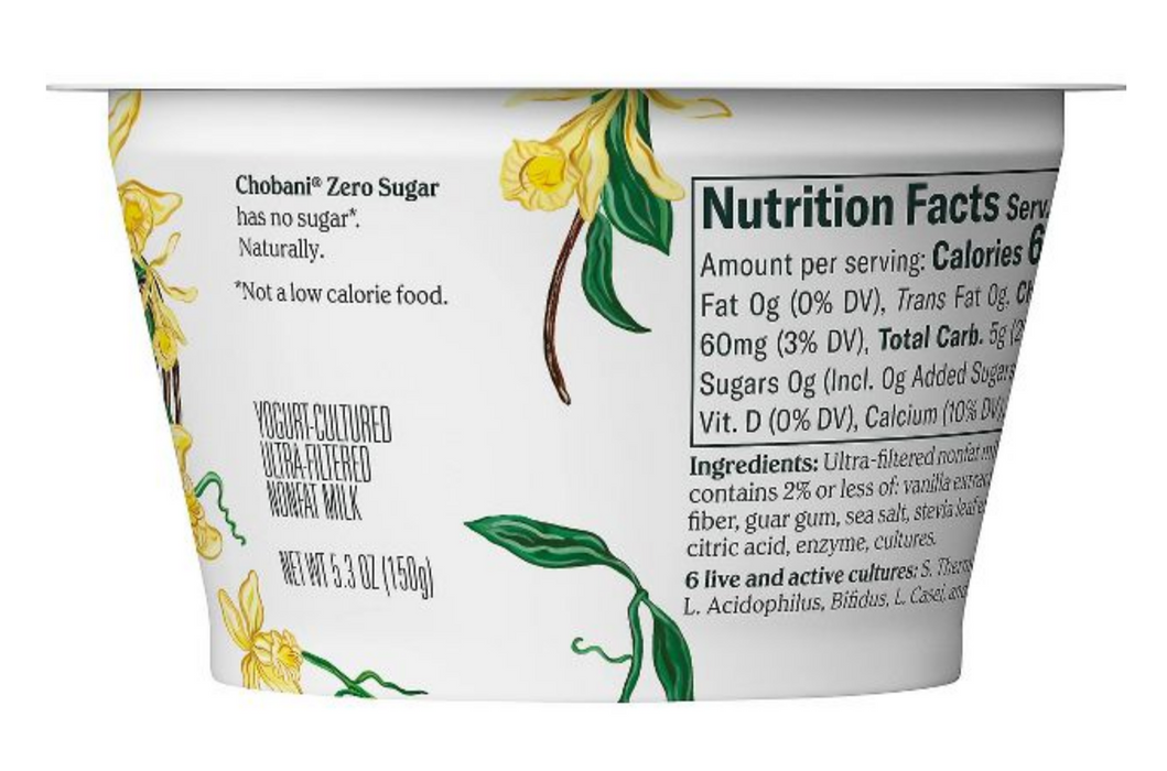 Chobani Zero Sugar Vanilla Non-Fat Greek Yogurt , 5.3 oz