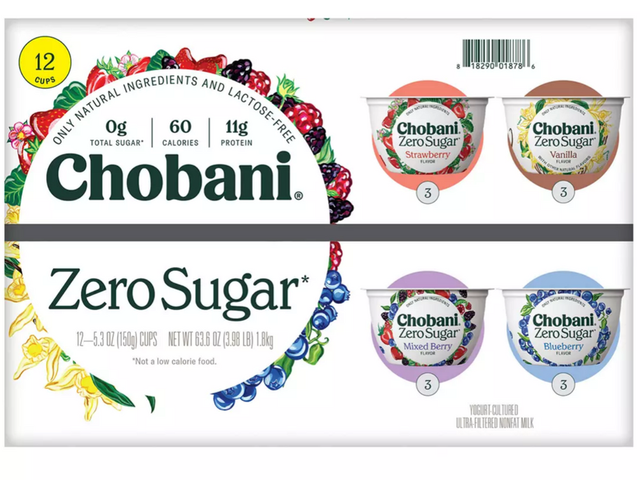 Chobani Zero Sugar Greek Yogurt, Variety Pack , 12 x 5.3 oz