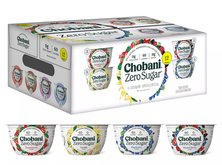 Chobani Zero Sugar Greek Yogurt, Variety Pack , 12 x 5.3 oz