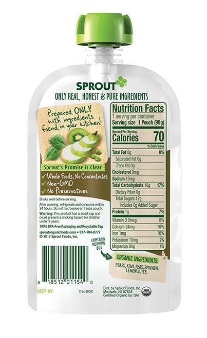 Sprout Organic Baby Food Pouch, Pear Kiwi Peas Spinach Flavor, 3.5 oz