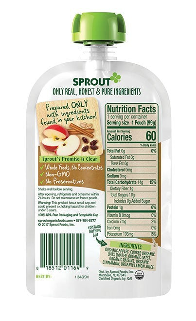 Sprout Organic Baby Food Pouch, Apple Oatmeal Raisin Flavor, 3.5 oz