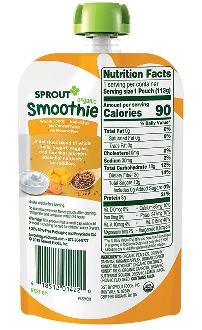 Sprout Organic Smoothie For Toddlers, Peach Banana With Yogurt Flavor, 4 oz