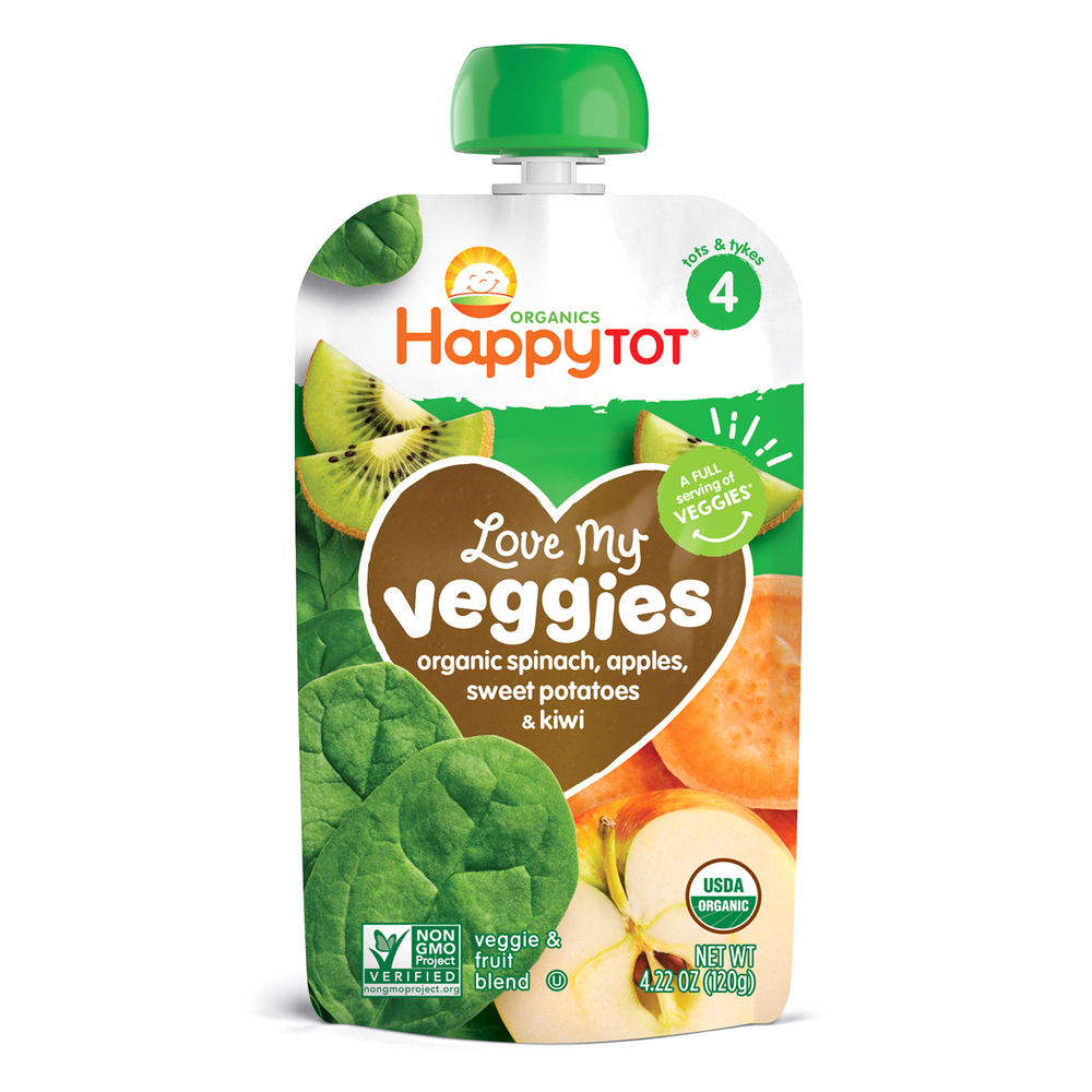 HappyTOT Organic Love My Veggies Baby Pouch, Spinach Apples Sweet Potatoes & Kiwi Flavor, 4.22 oz