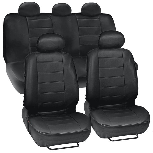 BDK Motor Trend Faux Leather Car Seat Covers, Full Set, Black , 9 pcs