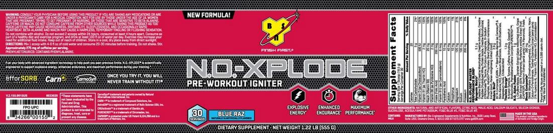 BSN N.O.-Xplode Pre Workout Supplement with Creatine, Beta-Alanine and Energy, Blue Raz, 555 gr