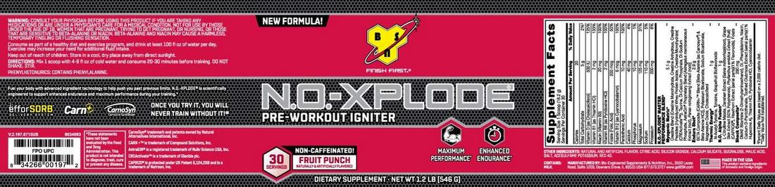 BSN N.O.-Xplode Pre Workout Supplement with Creatine, Beta-Alanine and Energy, Caffeine Free Fruit Punch, 555 gr