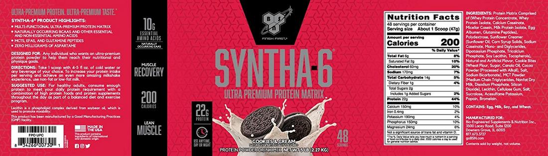 BSN Syntha 6 Whey Protein Powder, Cookies and Cream, 5 lbs