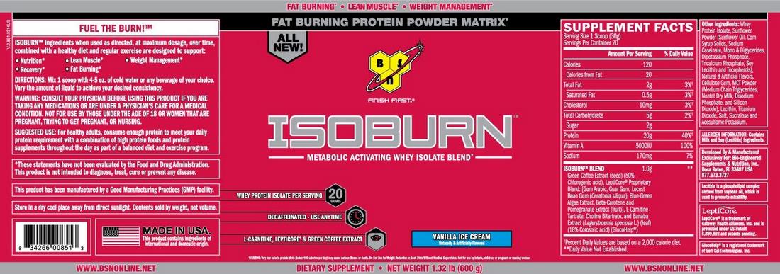 BSN Isoburn Protein Powder, Vanilla, 600 gr