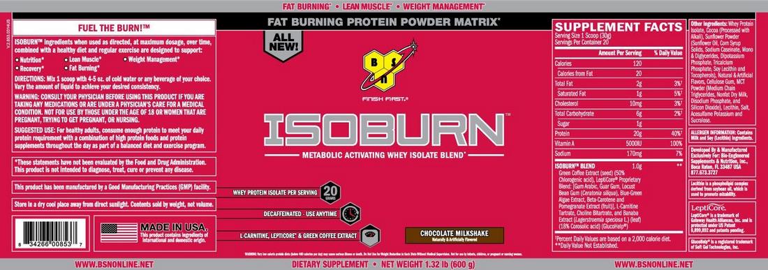 BSN Isoburn Protein Powder, Chocolate Milkshake, 600 gr