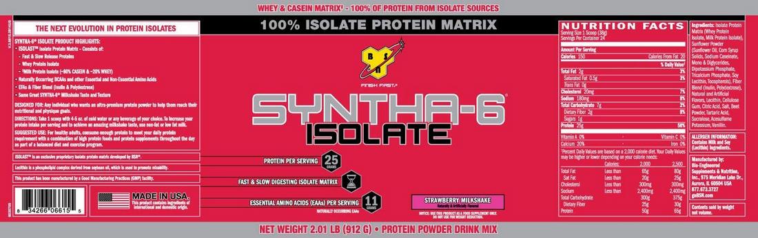 BSN Syntha-6 Isolate, Strawberry Milkshake, 2 lbs