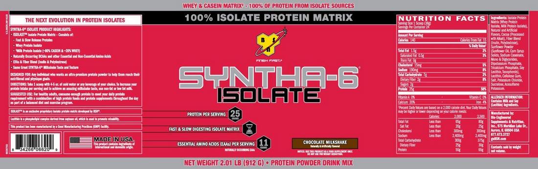 BSN Syntha-6 Isolate, Chocolate Milkshake, 2 lbs