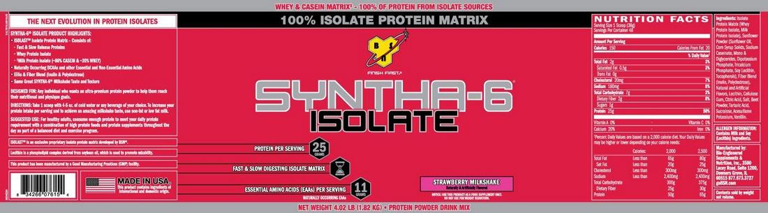 BSN Syntha-6 Isolate Protein Powder, Strawberry Milkshake, 4 lbs