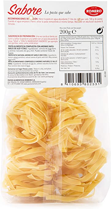 Romero Fettuccine Pasta With Garlic & Spicy Flavor, 200 gr