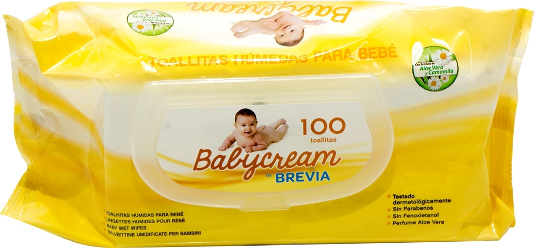 Brevia Babycream Baby Wet Wipes with Aloe Vera & Chamomille, 100 ct