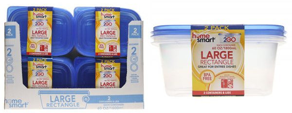 Home Smart Large Rectangle Plastic Food Container, 2 x 60 oz