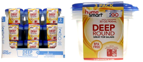 Home Smart Deep Round Plastic Food Containers, 3 x 30 oz