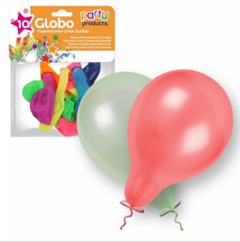 Party Products 23 cm Assorted Balloons, Fluorescent, 10 ct