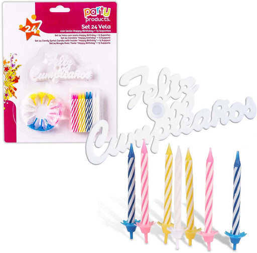 Party Products Feliz Cumpleanos Candles Set (24 candles,13 holders), 24 ct