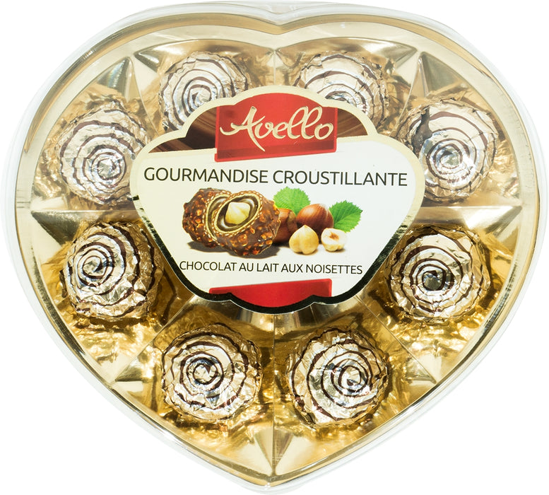 Avello Crunchy Sweetness Milk Chocolate with Hazelnut, Heart Shaped Box, 8 ct