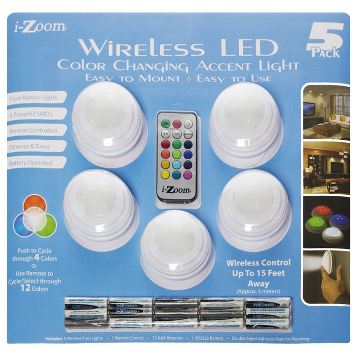 i-Zoom Wireless LED Color Changing Accent Light With Remote, 5-Pack, 5 pcs