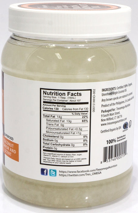 Tresomega Organic Coconut Oil, 54 oz