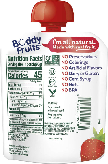 Buddy Fruits All Natural Blended Fruits Pouch, Strawberry & Apple Flavor, 3.2 oz