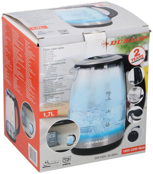 Dunlop Electric 1.7 L Glass Water Kettle with Blue LED Light, 1850 - 2200 W