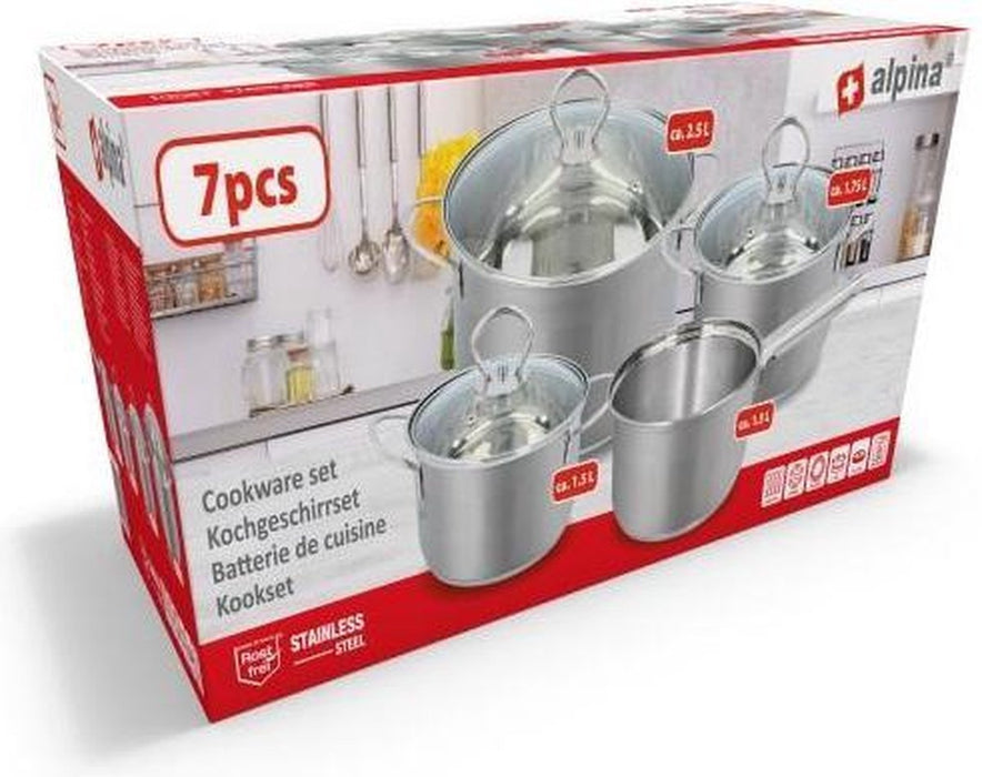 Alpina Stainless Steel Cookware Set, Silver, 7 pcs
