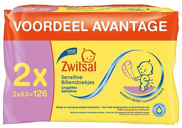 Zwitsal Hypoallergenic Sensitive Baby Wipes (Billendoekjes), Value Pack, 2 x 63 ct