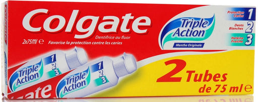 Colgate Triple Action Fluoride Toothpaste, Original Mint, Value Pack, 2 x 75 ml 
