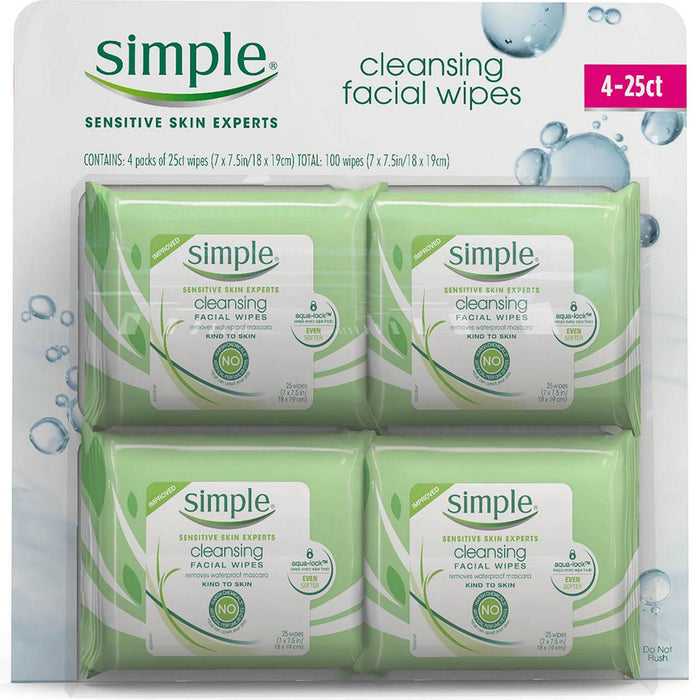 Simple Cleansing Facial Wipes, Value Pack, 4 x 25 ct