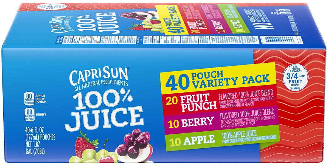 Capri Sun 100% Juice Pouch, Variety Pack, 40 ct