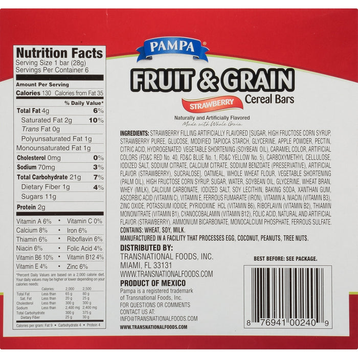 Pampa Fruit & Grain Cereal Bars, Strawberry, 6 x 28 gr