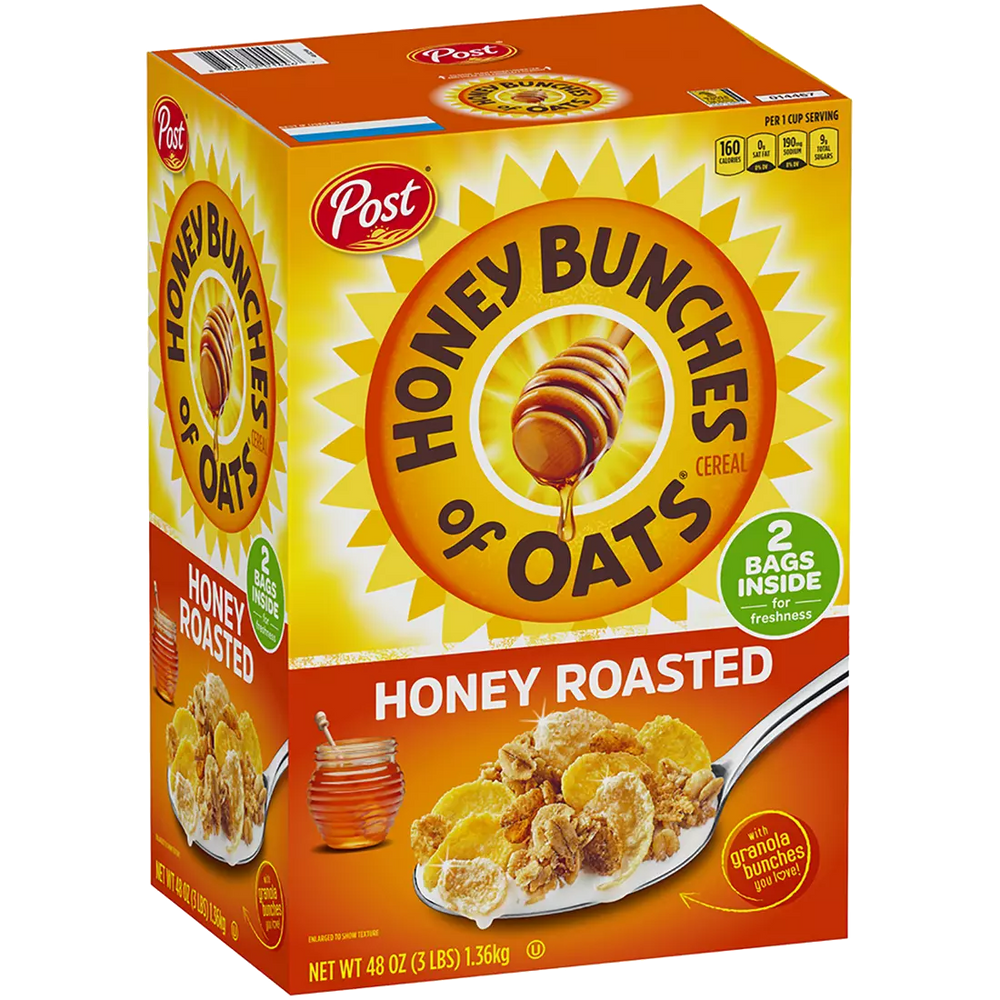 Post Honey Bunches of Oats Cereal, Crunchy Honey Roasted, 2 bags - 48 oz