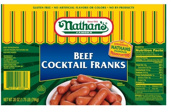 Nathans Beef Cocktail Franks, 28 oz