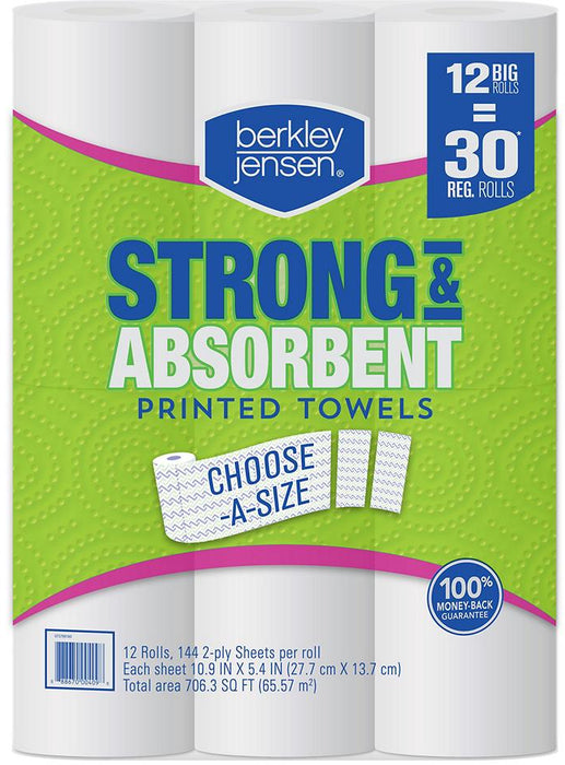 Berkley Jensen Strong & Absorbent Printed Paper Towels, 144 2-Ply, 12 ct