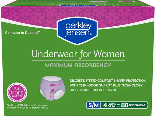 Berkley Jensen S/M Underwear for Women, Maximum Absorbency, 80 ct