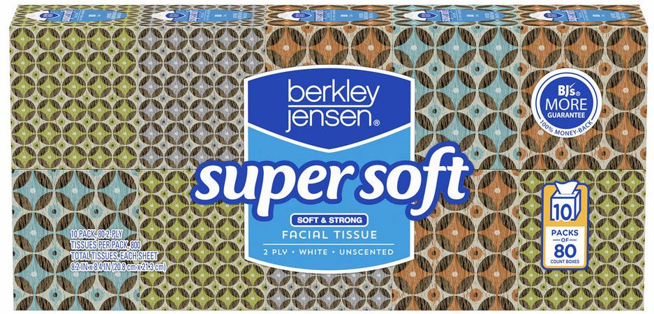 Berkley Jensen White Unscented Facial Tissue Value Pack, 80 2-ply sheets, 10 ct