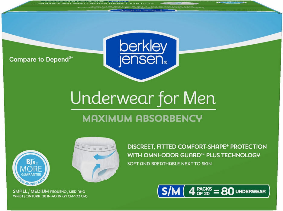 Berkley Jensen S/M Underwear for Men, Maximum Absorbency, 80 ct