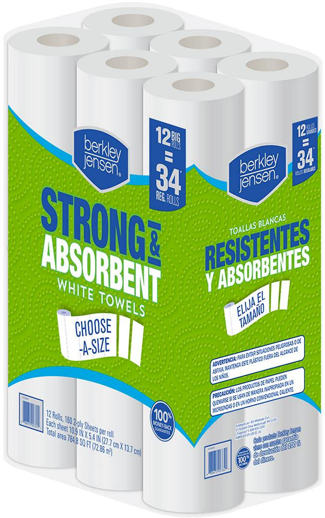 Berkley Jensen Strong & Absorbent Paper White Towels, 160 2Ply, 12 ct