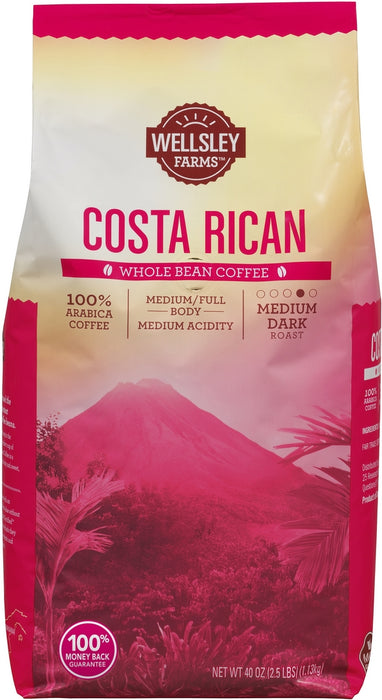 Wellsley Farms Costa Rica 100% Arabica Whole Bean Coffee, Medium Dark Roast, 40 oz