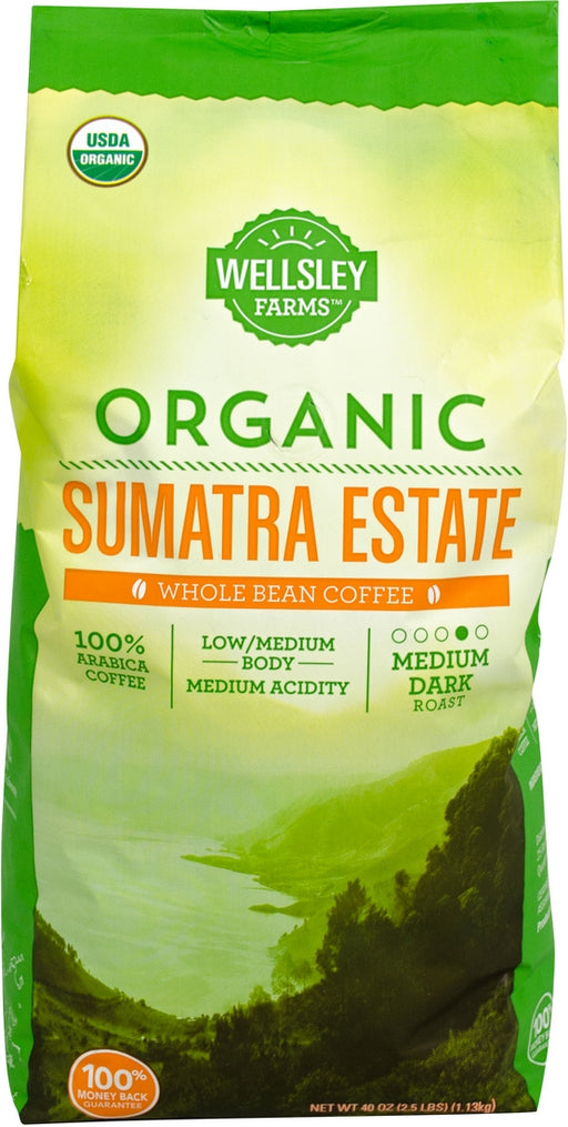 Wellsley Farms Organic Sumatra Estate Whole Bean 100% Arabica Coffee, Medium Dark Roast, 40 oz