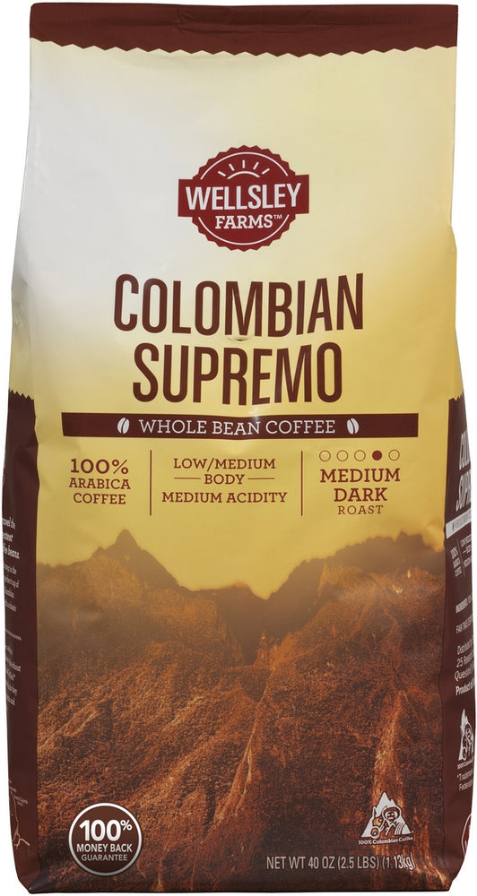 Wellsley Farms Colombian Supremo Whole Bean 100% Arabica Coffee, Medium Dark Roast, 40 oz
